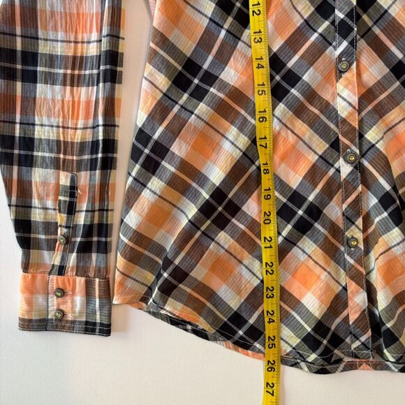 Harley Davidson Button Up Shirt Womens M Orange Plaid Rhinestone Angel Back Logo - Picture 8 of 16